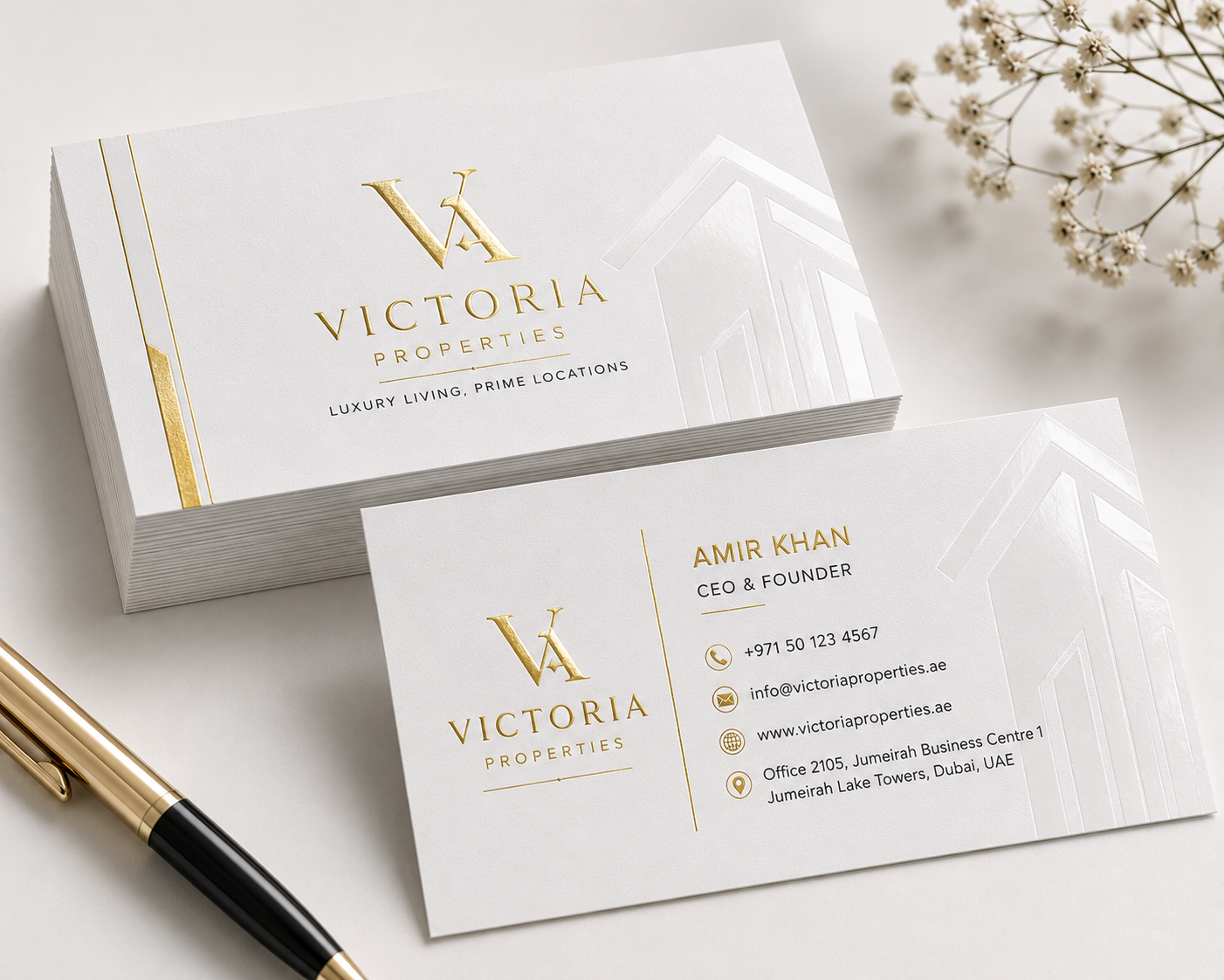 Gold Foil Business Cards UAE with Spot UV and Matt Lamination on 400 GSM Art Card