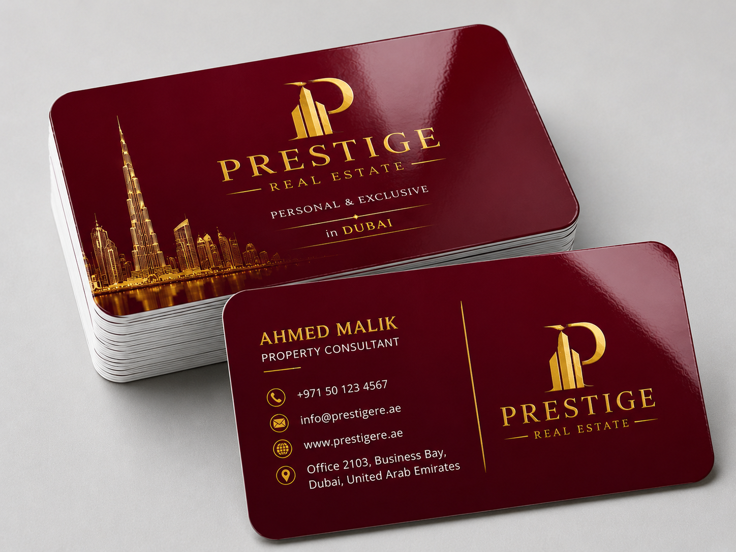 Rounded Corner Gold Foil PET Glossy Lamination 760mic Business Cards with premium glossy finish and luxury gold foil branding