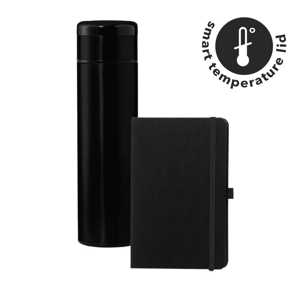 SARGAN Vacuum Flask with Temperature Lid and Notebook Gift Set Black