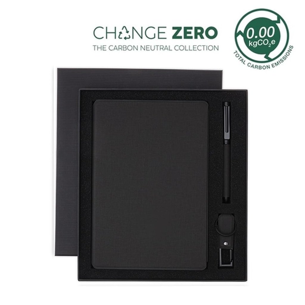 LENZEN CHANGE ZERO Sustainable Gift Set with Refillable Notebook, Pen & USB Keychain Black