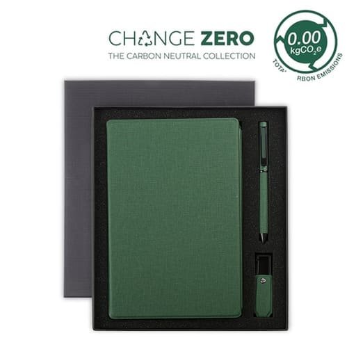 LENZEN CHANGE ZERO Sustainable Gift Set with Refillable Notebook, Pen & USB Keychain Green