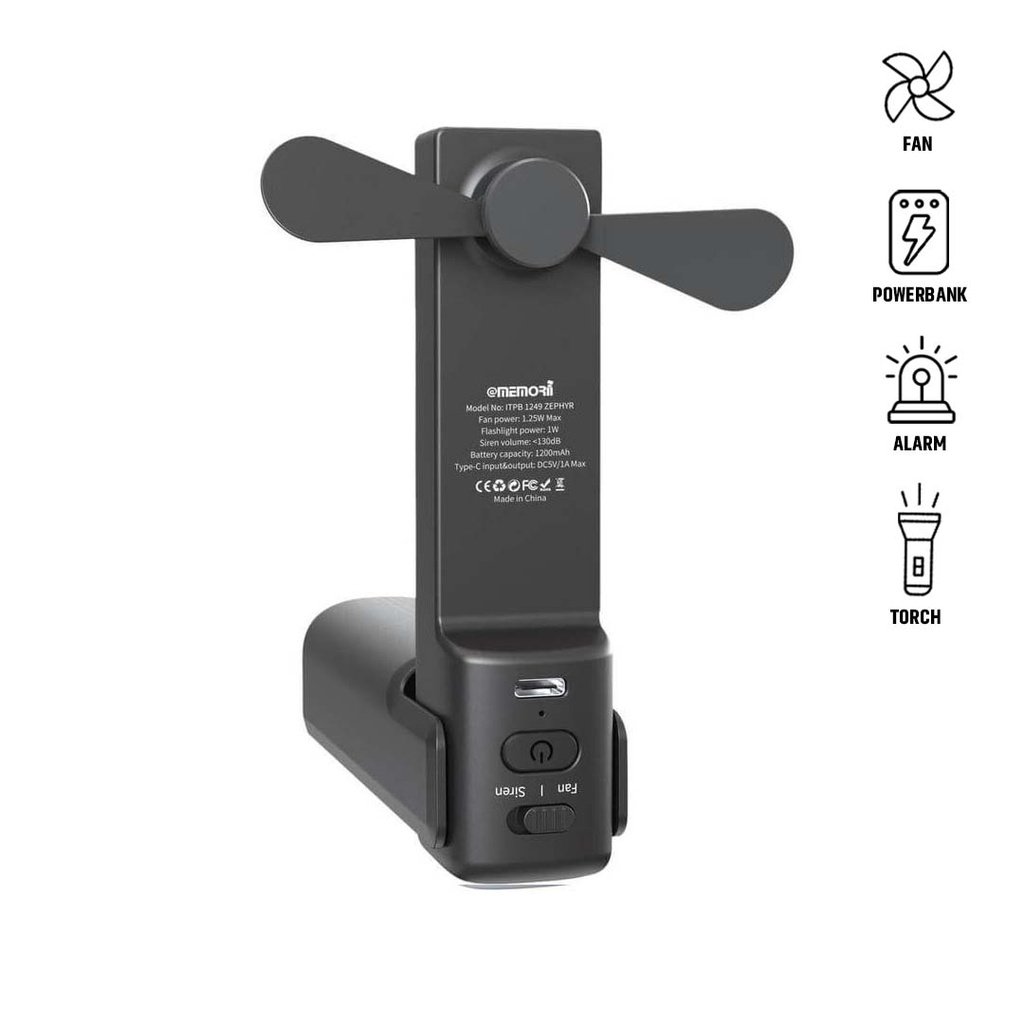 ZEPHYR @memorii 4-in-1 Fan Powerbank, Safety Alarm & Torch Black