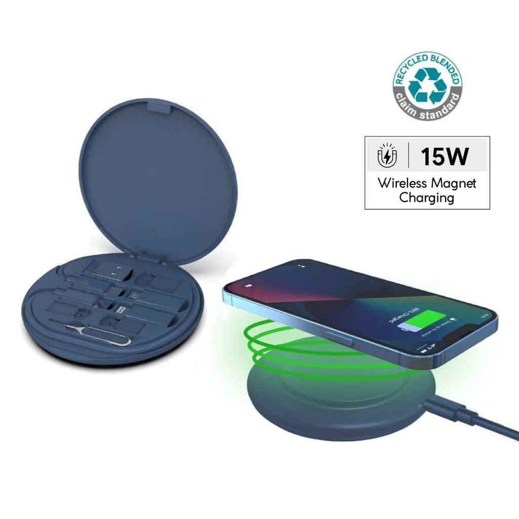 OSLO Mag @memorii Recycled 15W Magnetic Wireless Charger Multicable Set Blue
