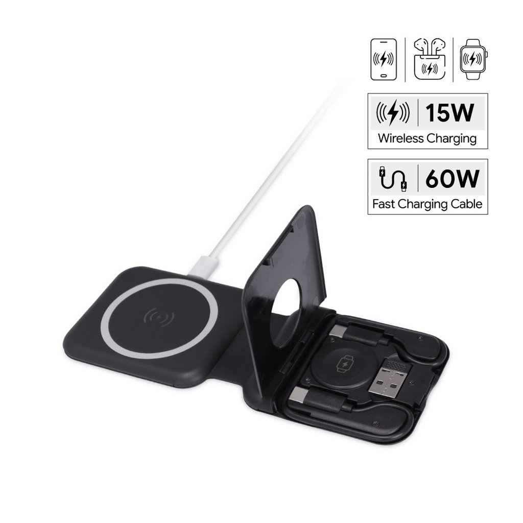 TURIN @memorii Foldable 2-in-1 Wireless Charger and Multicable Set Black