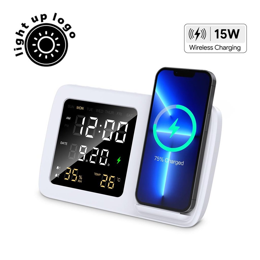 RISE Digital Alarm Clock Wireless Charger White