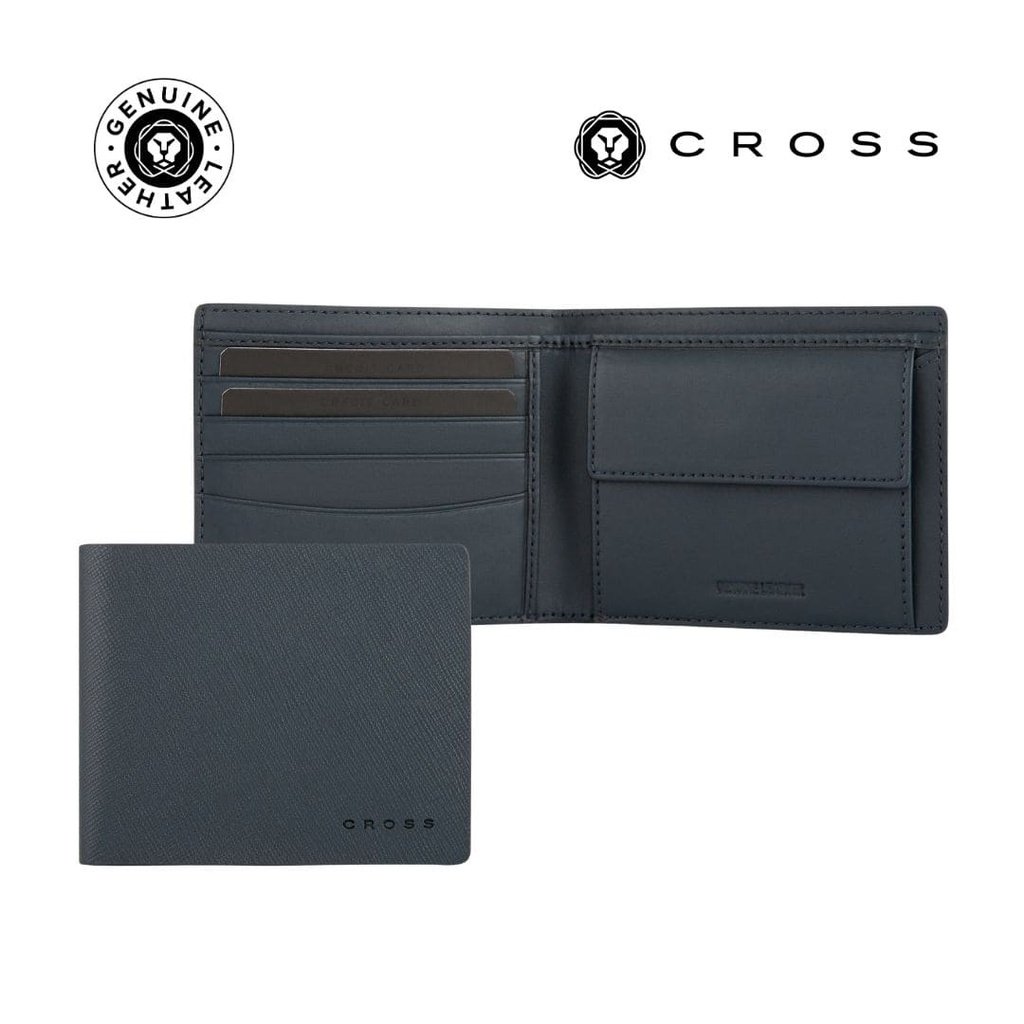 CROSS Saffiano Leather 4CC Bifold Wallet with Coin Pocket Navy Blue