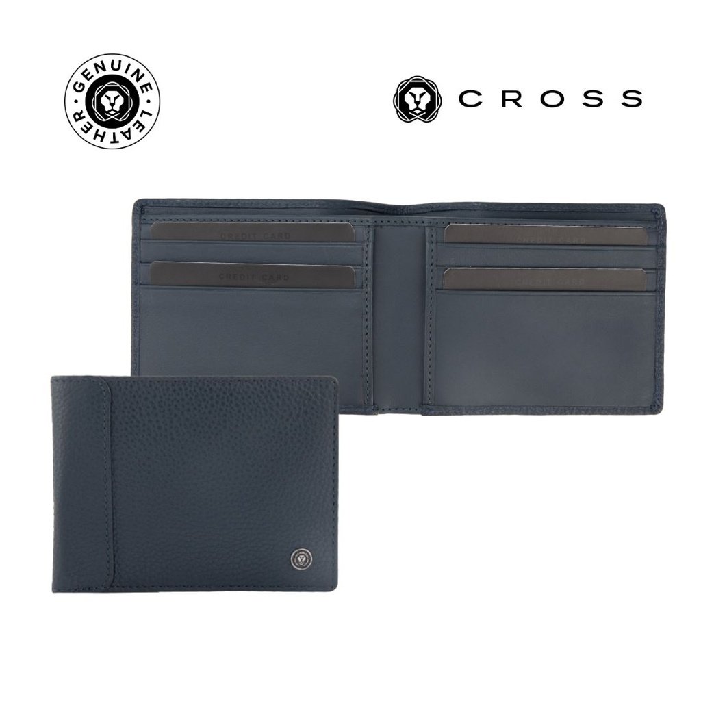 CROSS Pebble Leather 8CC Classic Fold Wallet Navy Blue