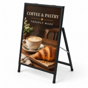 One-sided portrait display stand with full-colour printed sheet included