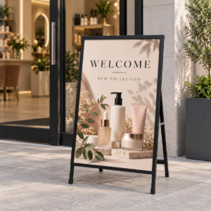 Portable black promotional display stand for retail shops and events