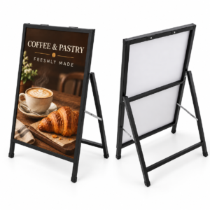 Side view of black display stand with folding rear support