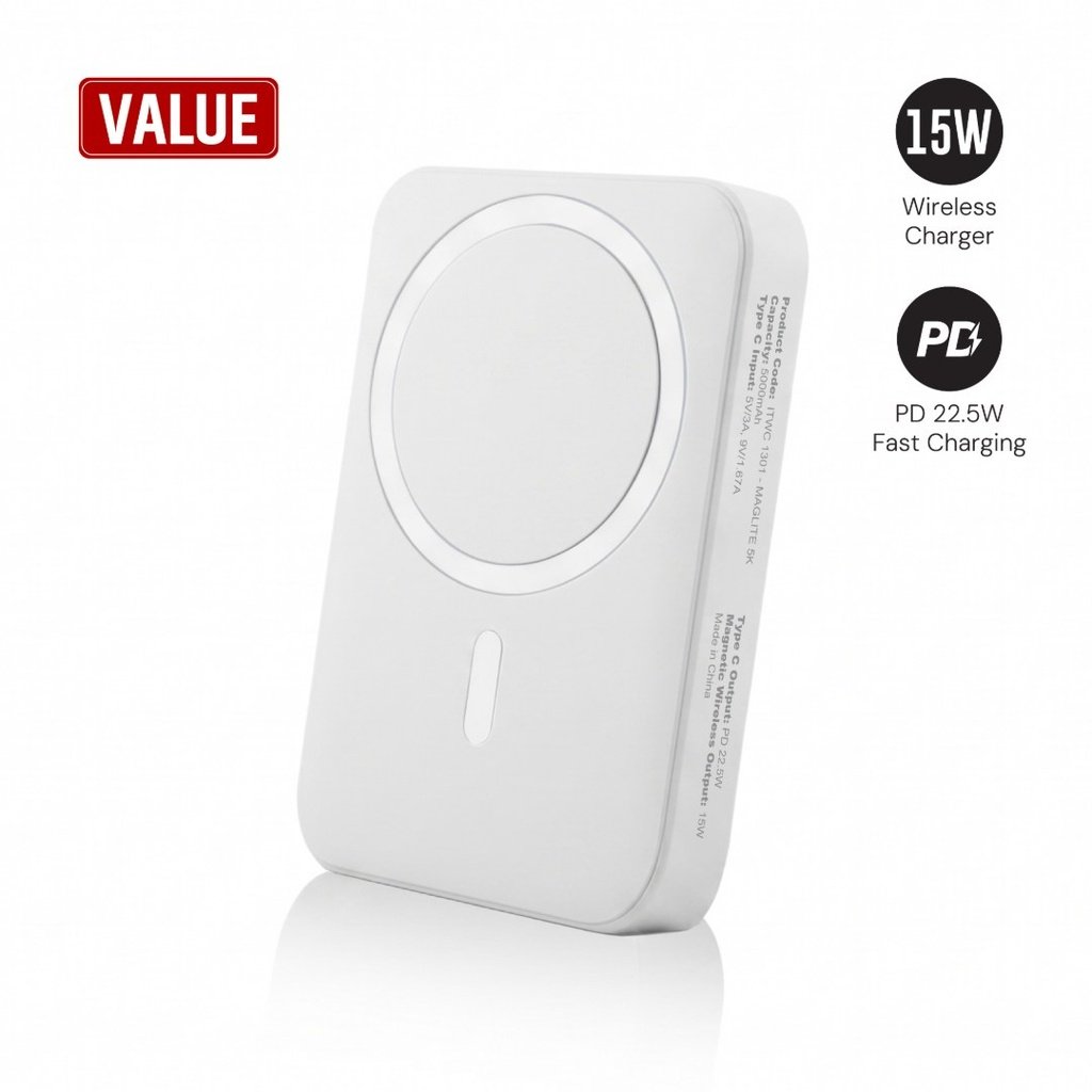Maglite 5K 5000 mAh Magnetic Wireless Power Bank White