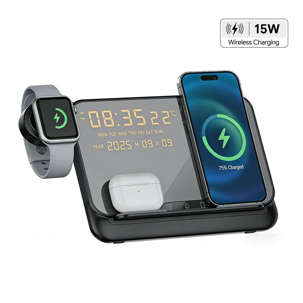 FAROS @memorii 5 in 1 Wireless Fast Charging Station with Display Clock Black