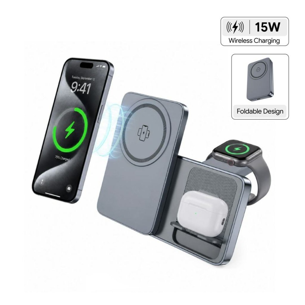 ARGENE @memorii Magfold 3 in 1 Wireless Charger Stand Metallic Grey