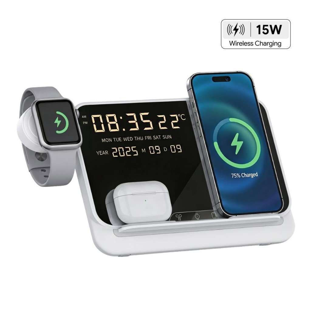 FAROS @memorii 5 in 1 Wireless Fast Charging Station with Display Clock White