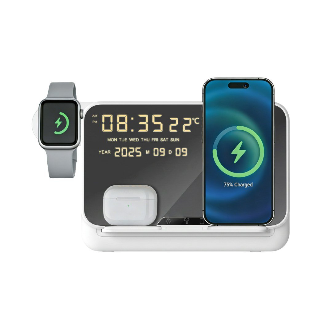FAROS @memorii 5 in 1 Wireless Fast Charging Station with Display Clock White - Image 2